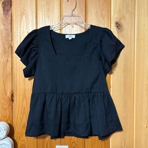 entro Black Square Neck Peplum Blouse with Flutter Sleeves